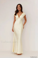 Deep V Neck Bodycon Backless Midi Work Dress Light Yellow / S