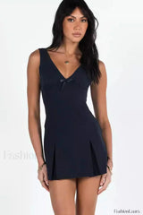 Deep V Neck Bow Trim Wide Slip Mini Dress Navy blue / S