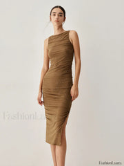 Diamante Ruched Mesh Trendy Slit Midi Dress Brown / S Dresses