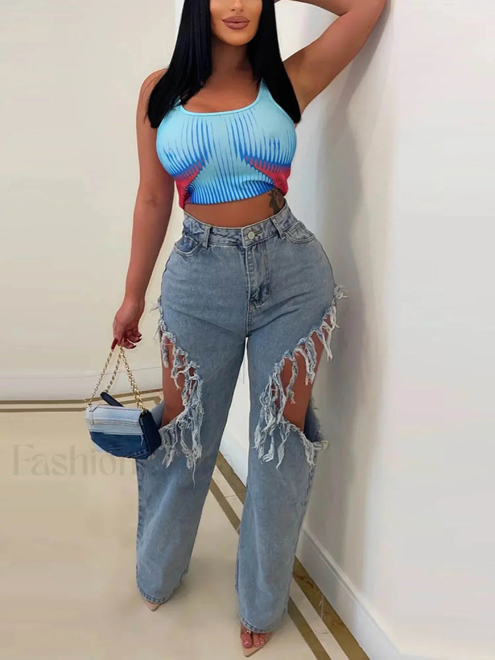 Distressed Side Wide Leg Jeans Blue / S Jeans