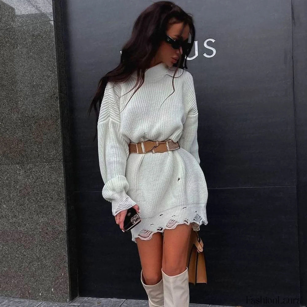 Distressed Trim Pullover Sweater Mini Dress White S / White Sweater Dresses