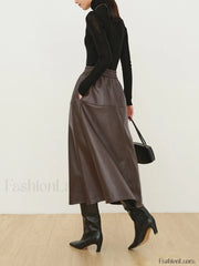 Double Pockets Graceful Leather Maxi Skirt Skirts