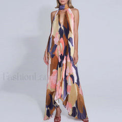 Draped Ethnic Hem Printed Maxi Dress brown / S