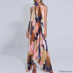 Draped Ethnic Hem Printed Maxi Dress brown / S