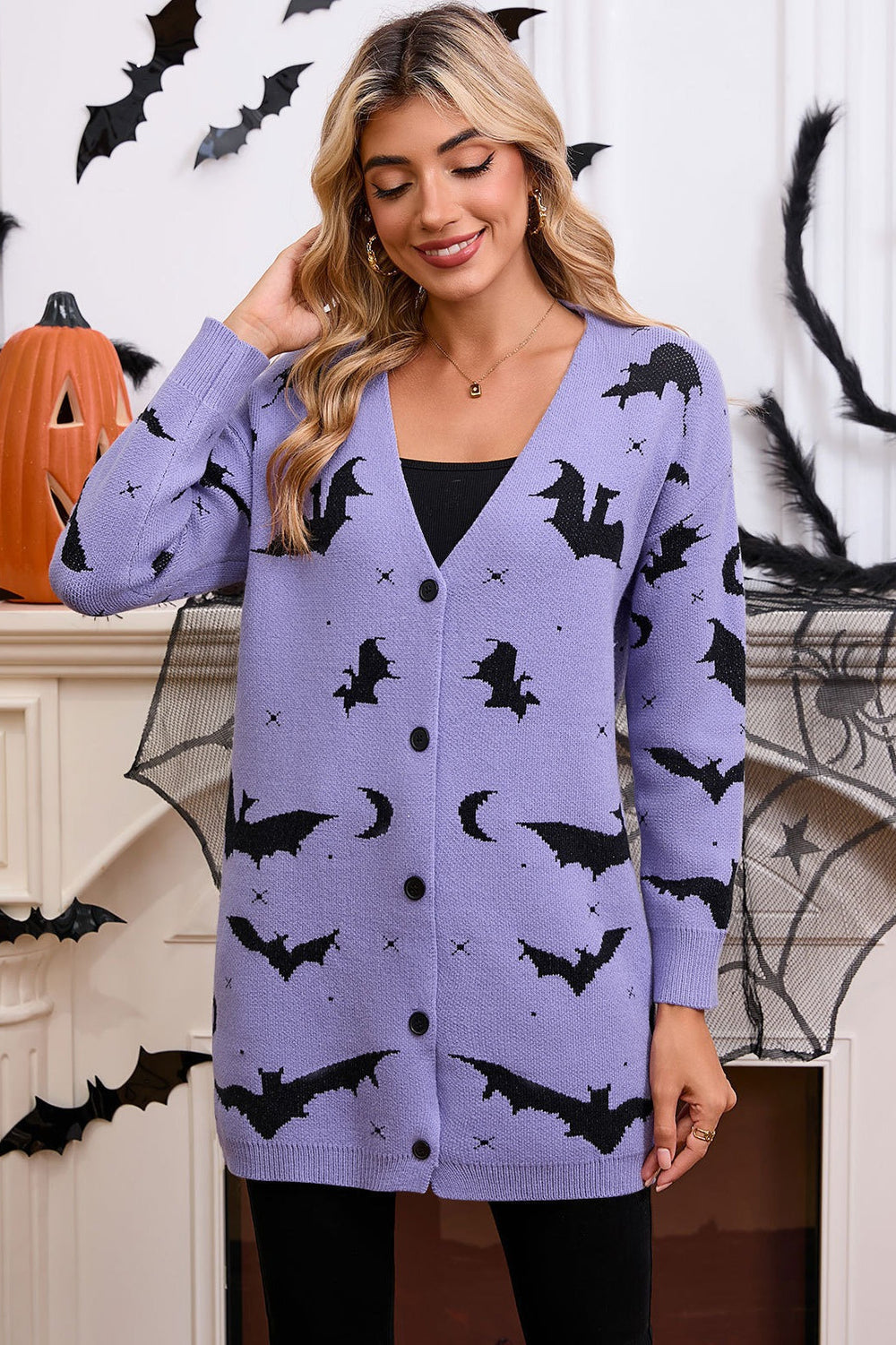 Halloween Bat Jacquard Knit Sweater Purple / S