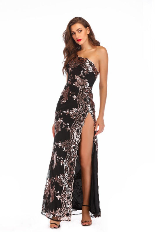 Sequin Backless Asymmetric Formal Dress