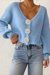 Button Front Crochet Knit Crop Sweater