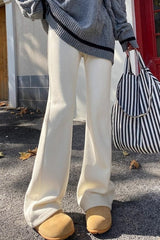 Solid White Plush Flared Knit Pants
