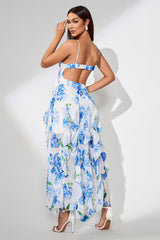 Slit Ruffled Floral Print Party Dress