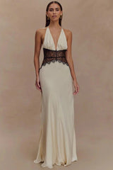 Lace Patchwork Backless Halter Boho Dress White / S