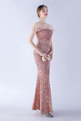 Velvet Sequin Ostrich Feather Off Shoulder Formal Dress