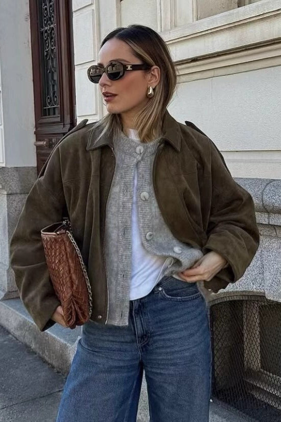 Sueded Texture Bomber Jacket S / Green