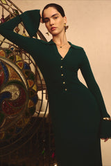 Elegant Collared Knit Sweater Dress S / Green