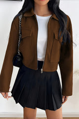 Solid Color Cropped Zip Sleeve Jacket