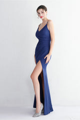 Long Satin Slit Halter Sheath Formal Dress