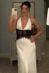 Lace Patchwork Backless Halter Boho Dress