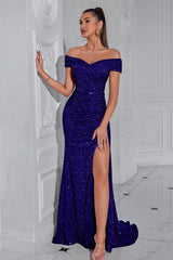 Sequin Off Shoulder Split Party Dress