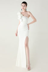 Ruffled Floral One Shoulder Satin Party Dress White / S