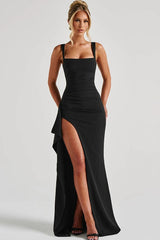 Sexy Spaghetti Strap High Slit Maxi Party Dress S / Black