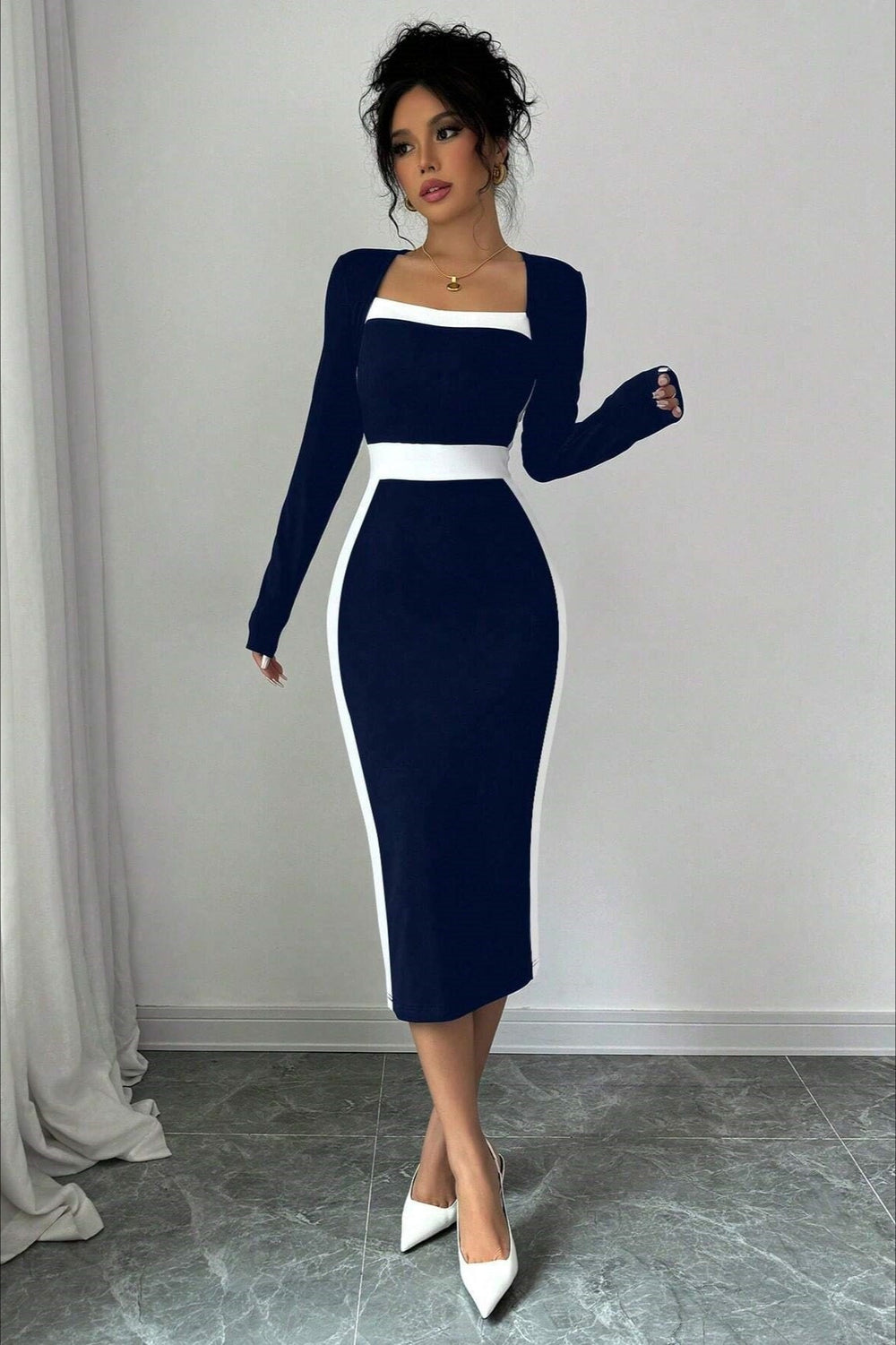Color Block Panel Bodycon Cocktail Dress S / Navy blue