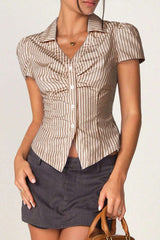 V Neck Striped Ruched Blouse