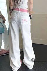 Embroidered Pink Bow Wide Leg Jeans White / XS