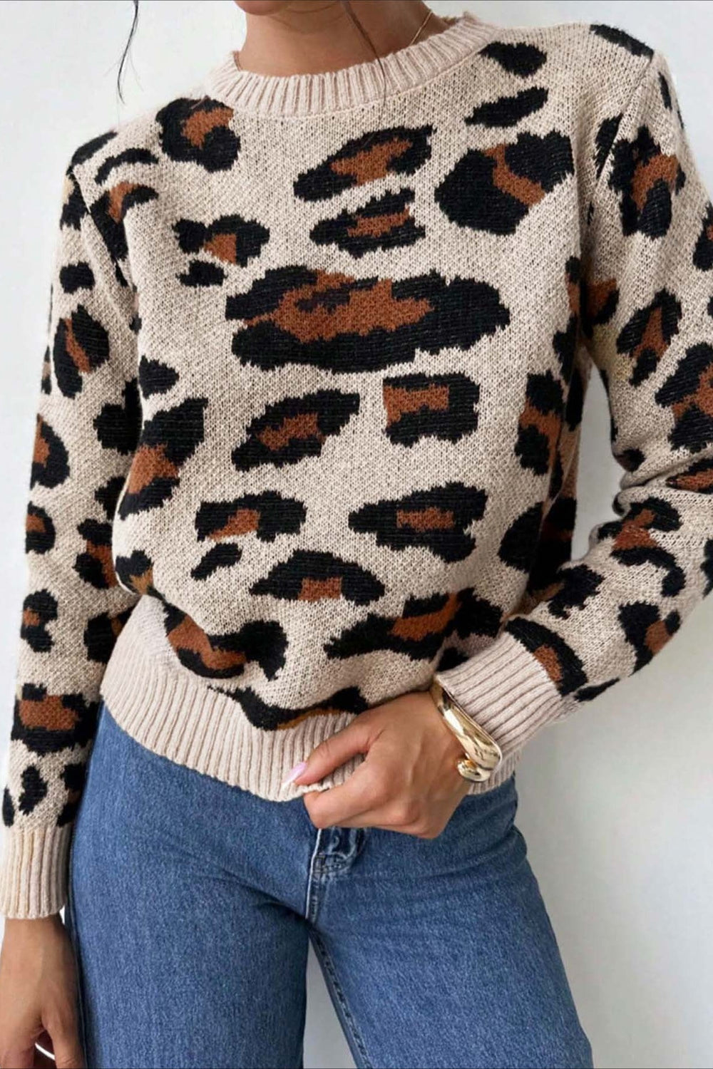 Colorblock Leopard Crewneck Sweater