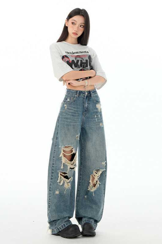 Retro Distressed Long Straight Leg Jeans