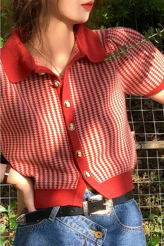 Thin Knit Turn down Collar Short Sleeve Cardigan