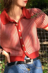 Thin Knit Turn down Collar Short Sleeve Cardigan