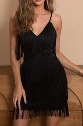Deep V Fringe Mini Party Dress