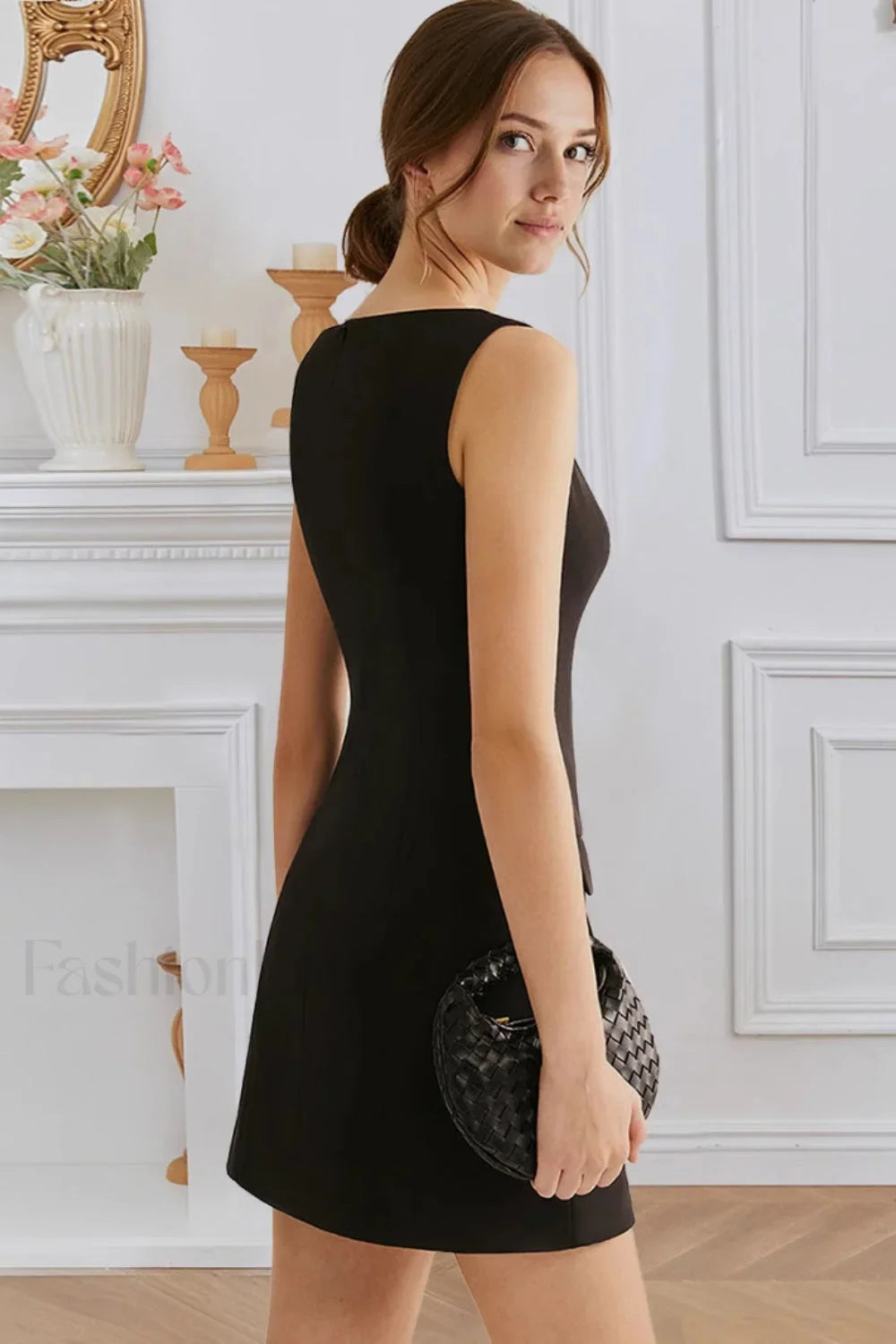 Elegant Button Front Waist Cinched Sleeveless Work Dress
