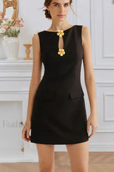 Elegant Button Front Waist Cinched Sleeveless Work Dress Black / S
