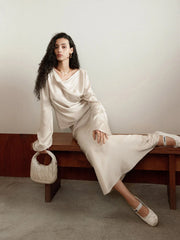 Elegant Cowl Neck Trendy Long Sleeve Blouse Champagne / XS Blouses