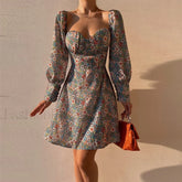 Elegant Dot Floral Prints Spring/Summer Women’s Low Cut Square Neck Full Lantern Sleeve Mini Dress