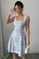 Elegant Floral Backless Design Floral Dress Blue on white / S