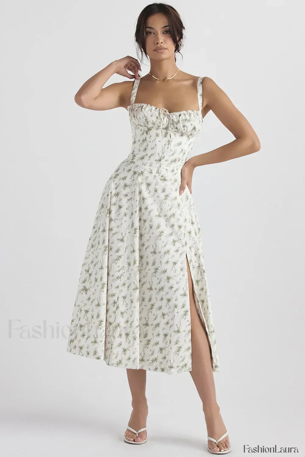 Elegant Floral Side Split Floral Dress white green / S