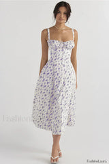 Elegant Floral Side Split Floral Dress white purple / S