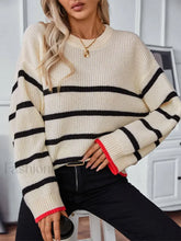 Elegant Striped Round Neck Knitted Pullover Women Casual Long Sleeve Loose Sweater Sweaters L