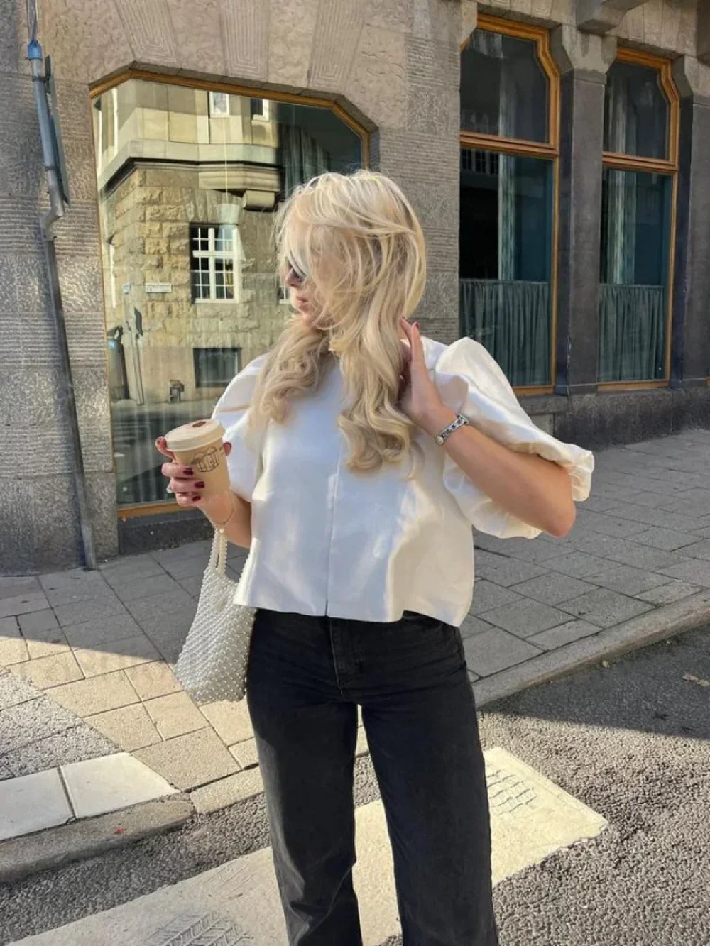 Elegant White Satin Short O neck Female Lady Blouse