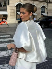 Elegant White Satin Short O neck Female Lady Blouse