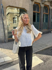 Elegant White Satin Short O neck Female Lady Blouse