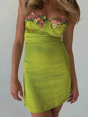 Embroidered Floral Green Satin Mini Dress Mini Dresses