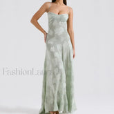 Embroidered Lace Off Shoulder Maxi Dress 03 Green / XS