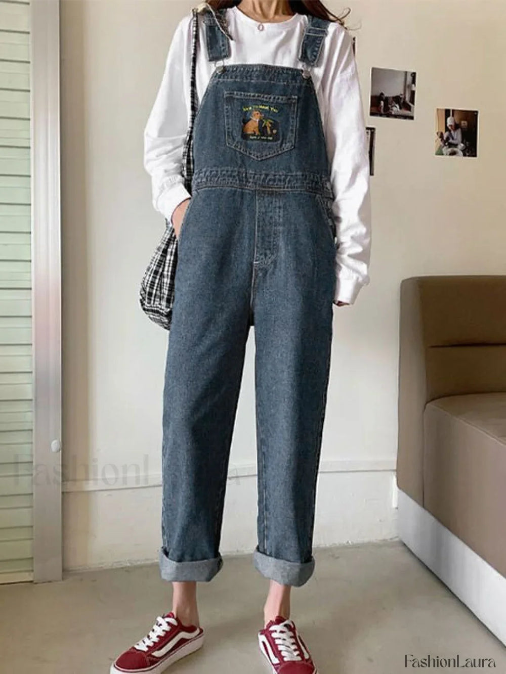 Embroidered Pocket Denim Overall Jeans Overall