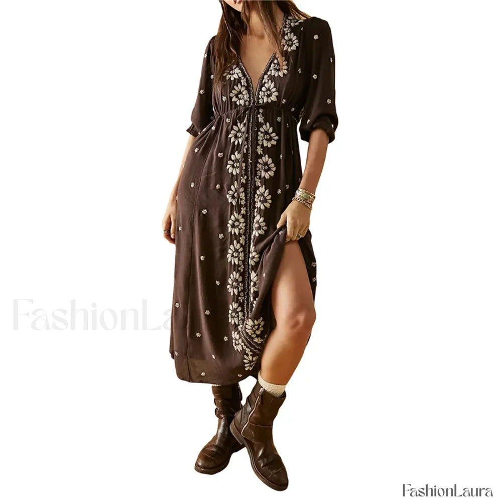 Embroidered Tie Waist Boho Dress Brown / S