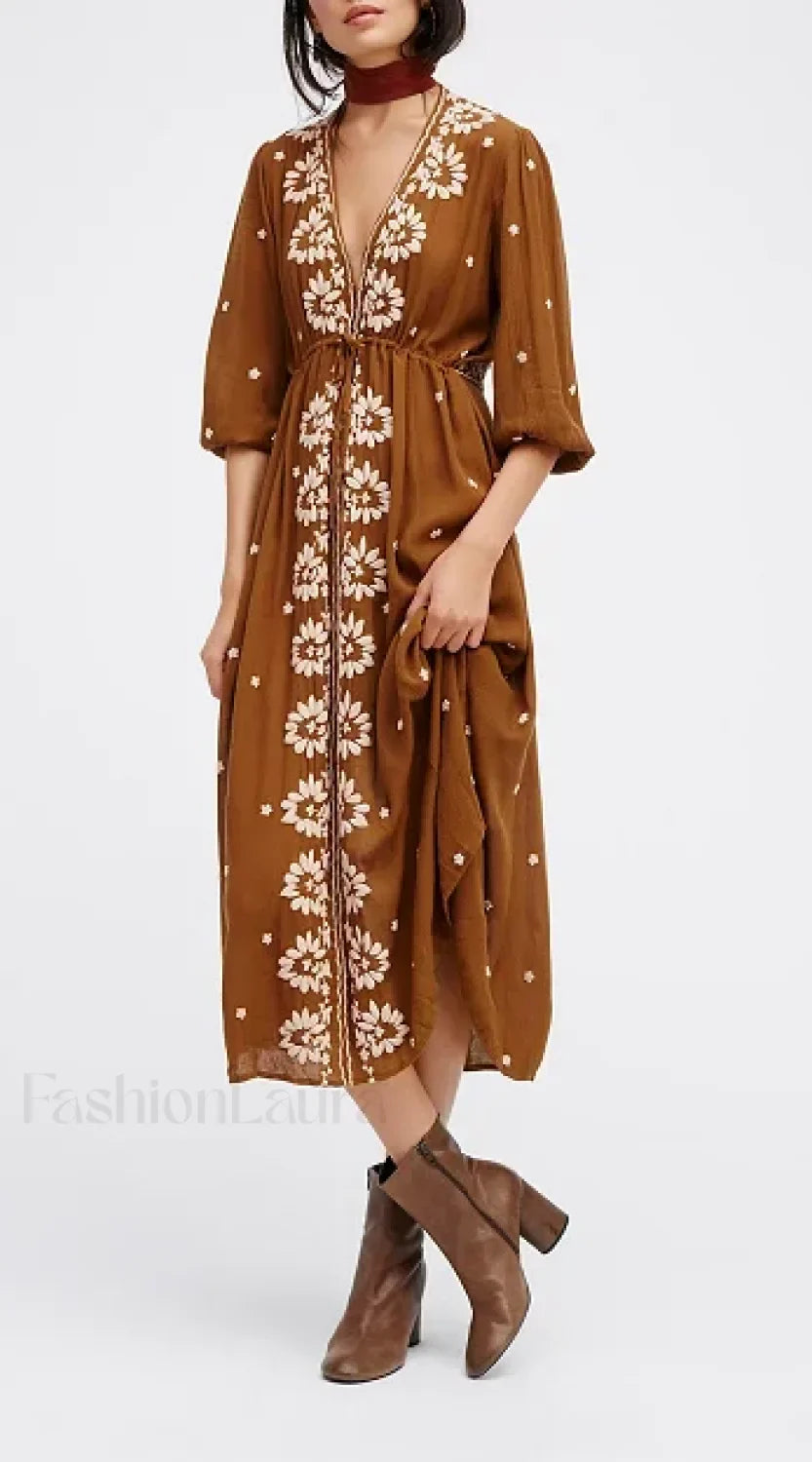 Embroidered Tie Waist Boho Dress Coffee / S
