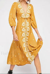 Embroidered Tie Waist Boho Dress Ginger / S