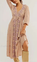 Embroidered Tie Waist Boho Dress Khaki / S
