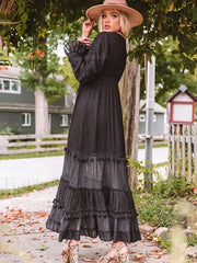 Embroidered V Neck Long Boho Dress